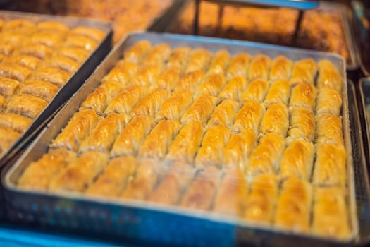 Traditional oriental sweet pastry cookies, nuts, dried fruits, pastilles, marmalade, Turkish desert with sugar, honey and pistachio, in display at a street food market.