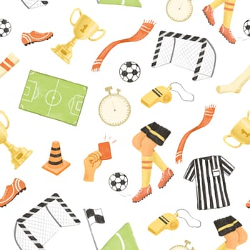 Soccer seamless pattern. Cute Soccer player, Corner of football field with flag, goal, cup and football player's clothes