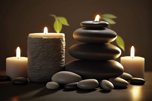 Spa still life with scented candles and zen stones. Zen concept.