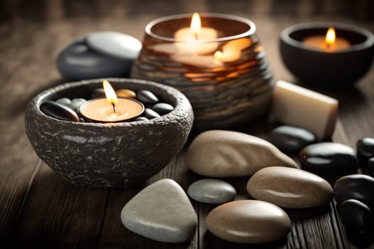 Spa still life with scented candles and zen stones. Zen concept.