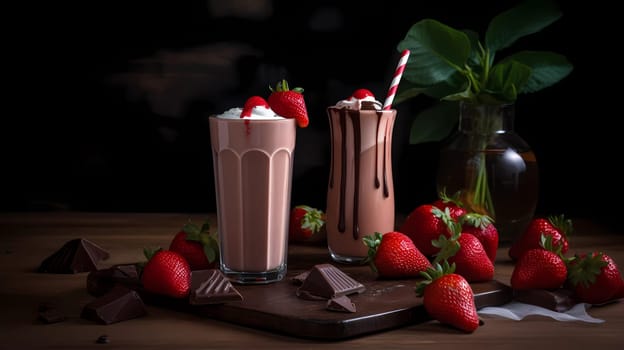 Chocolate milkshake with whipped cream, strawberries and dark chocolate pieces on a dark background. Still life, composition.