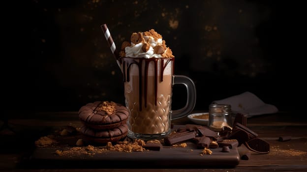 Chocolate milkshake with whipped cream and dark chocolate pieces on a dark background. Still life, composition.