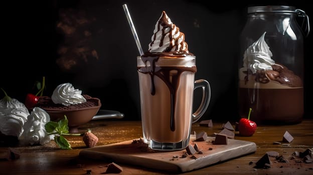 Chocolate milkshake with whipped cream, strawberries and dark chocolate pieces on a dark background. Still life, composition.