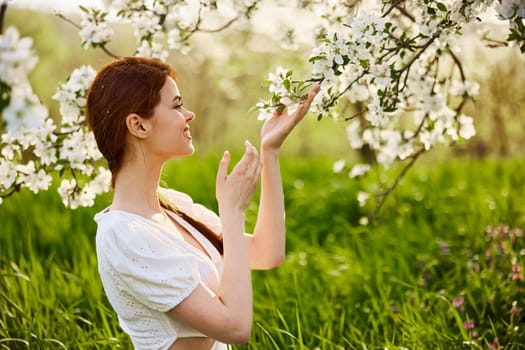 sweet, beautiful woman in a light short dress touches the branches of a flowering tree. High quality photo