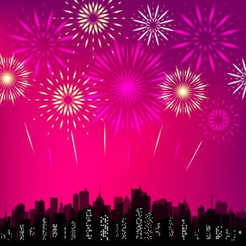 City skyline with festive fireworks. Glowing light over the city. Holiday cityscape jpeg illustration.