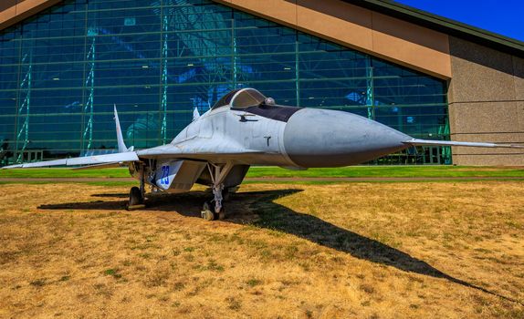 McMinnville, Oregon - August 21, 2017: Mikoyan Gurevich MiG-29 "Fulcrum" on exhibition at Evergreen Aviation & Space Museum.