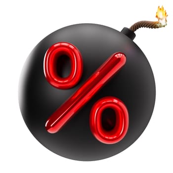 Percent discount 3D illustration isolated on white background. Sale, special offer, good price, deal, shopping. Price explosion. Cut out red and black design element, bomb. Sale off. 3D render