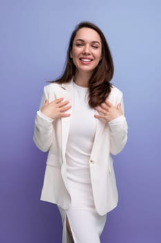 emotional confident young brunette business woman.