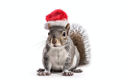 Red-haired squirrel in a Christmas hat is isolated on a white background. Squirrel in Santa hat. Christmas animal concept.