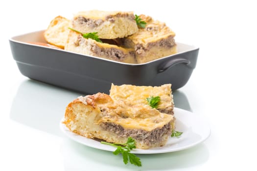 Cooked meat pie, pieces in a plate, isolated on a white background
