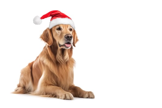 A golden retriever dog in a Santa Claus hat. Big dog in a red Santa hat. New year or Christmas Banner with copy cpace.