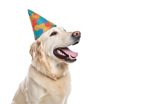 Portrait of Funny big golden retriever dog in birthday cap isolated on white background. Happy birthday concept.