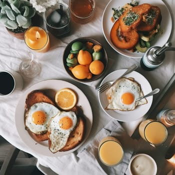 Healthy breakfast food table scene. Top down view over a white wood banner background. Omelette, nutritious bowl, toasts, granola bars, smoothie bowl, yogurts and fruits. High quality photo