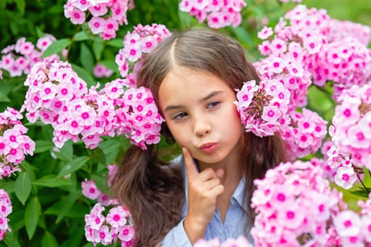 Thoughtful little girl stands in lush pink phlox flowers, summer in the garden. Close-up