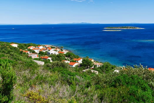 Island of Vis bay aerial view, Dalmatia, Croatia. Europe paradice Vis Island in bay of adriatic sea.