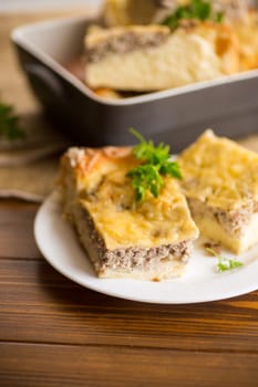 Cooked meat pie, pieces in a plate on a wooden table.