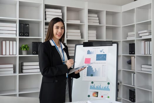 Confident business woman in making presentation, demonstrating graphs and charts on office board.