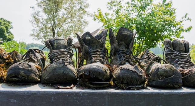 row of old leather worn out shoes in garden