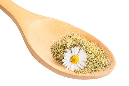 Dry chamomile tea flower petals in wooden spoon isolated on white background.