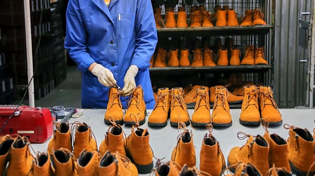 Checking the quality of shoes in a shoe factory. Yellow boots, finished shoes.