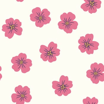 Hand drawn seamless pattern of tiny ditsy flowers. Pink floral print on light pastel ecru background, vintage retro minimalist style, small daisy nature art, spring summer garden five petals