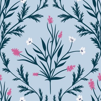 Hand drawn seamless pattern with navy leaves flowers on blue background. Damask print with pink white wildflowers, meadow plants, vintage retro antique baroque style, traditional drapery design