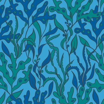 Hand drawn seamless pattern with green blue water plant seaweed. Algae marine environment cosmetics super food labels design packaging kelp laminaria spirulina botanical drawing natural healthy