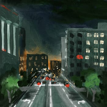 Hand drawn illustration oil painting of night cityscape, modern city scene. Road highway buildings in twilight evening lights cars traffic. Sketch drawing in black green orange