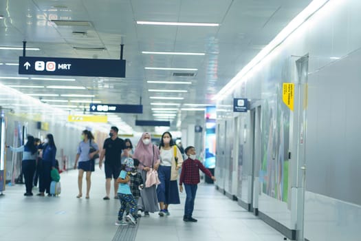 April 20, 2023. Jakarta, Indonesia. MRT Train Platform situation. Indoor Photography with people activities.