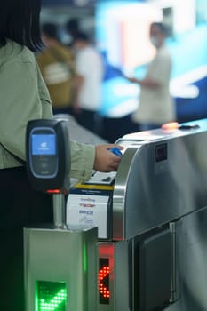 Close up of MRT tapping card in Jakarta, Indonesia. April 20, 2023. Publice service and street photos.