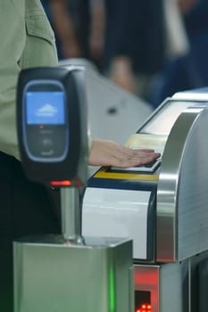 Close up of MRT tapping card in Jakarta, Indonesia. April 20, 2023. Publice service and street photos.