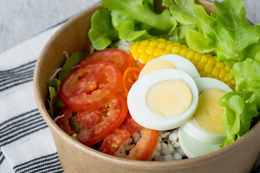 Fresh salad vegetable with boiled chicken egg for the concept of healthy eating and diet food.