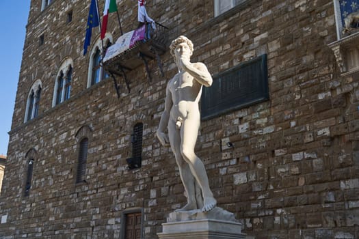 Florence, Italy - 12.02.2023: View of the replica statue of David in Florence