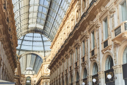 Milan, Italy - February 15, 2023: Interior of the Galleria Victor Emanuele II in Piazza del Duomo.