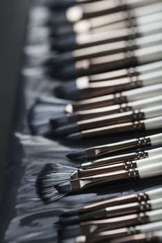 A set of oil brushes and palette knife isolated on a black background, Close-up