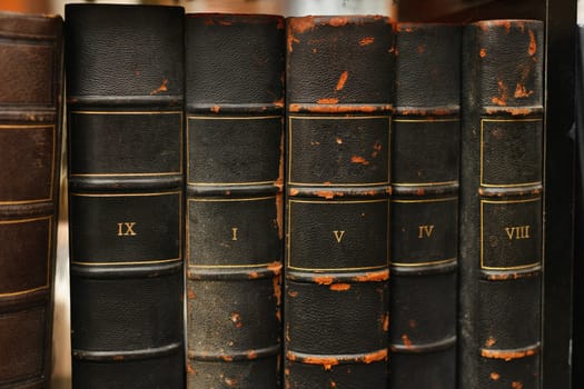 Old worn books on a shelf in the library's archives