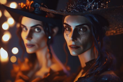 Witch with making witchcraft, magic spells, hat conjuring. Spooky dark magic forest . Magician. Wide Halloween party art design. Terrifying scary personage, beautiful sorceress.