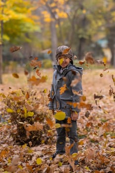 Caucasian boy in a gray coat and beret in the autumn forest. Autumn Walk