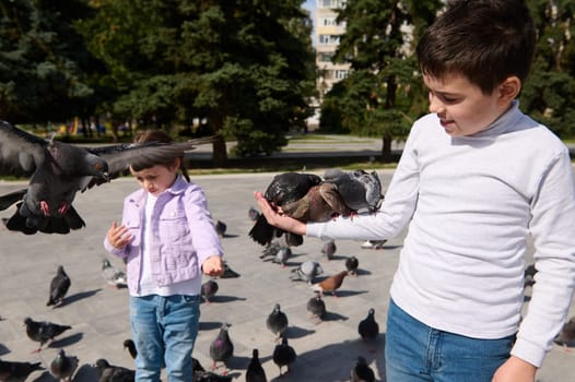 Happy pre teen boy standing in the city square with pigeons on hands, enjoys happy weekend feeding birds. . Kids feeding pigeons outdoors. People. Nature. Leisure activity. Care for animals