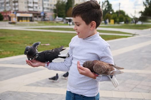 Lovely happy kind pre teen boy, Caucasian child 10 years old, holding rock doves in hands and feeding them with bird seeds in the park square. Love and care for animals concept. Feral doves