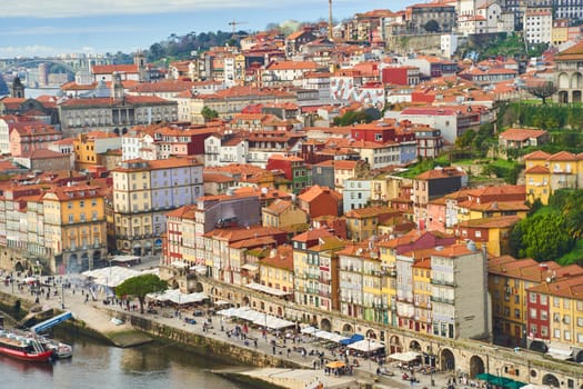 Porto, Portugal - 12.25.2022: Aerial view of the old ribeira area in Porto. High quality photo