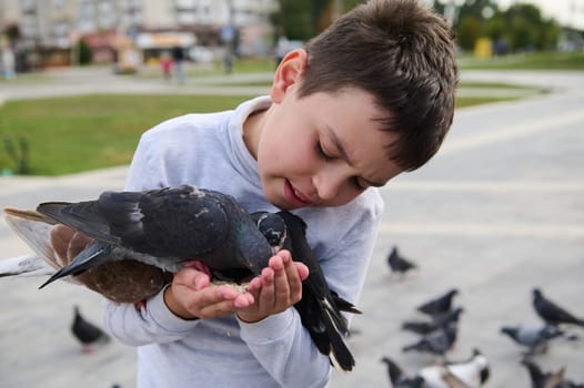 Close-up portrait of a schoolboy feeding rock pigeons in the park. The concept of kindness, walking with benefits, love and care for animals. Installing compassion for animals from childhood