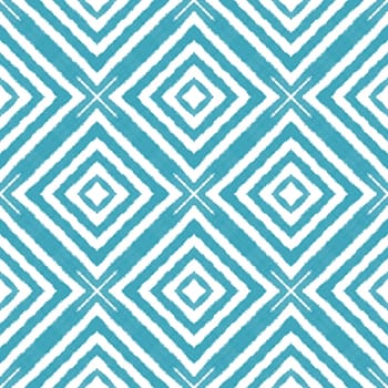 Ikat repeating swimwear design. Turquoise symmetrical kaleidoscope background. Summer ikat sweamwear pattern. Textile ready modern print, swimwear fabric, wallpaper, wrapping.