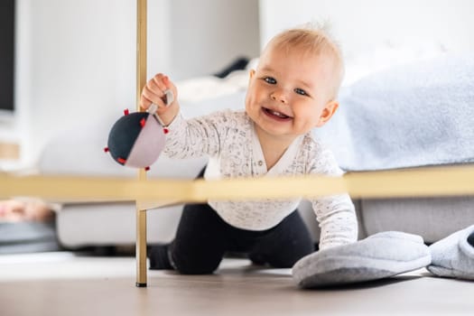 Cute infant baby boy playing with hanging ball, crawling and standing up by living room table at home. Baby activity and play center for early infant development. Baby playing at home