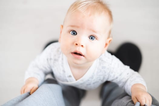 Top down view of cheerful baby boy infant taking first steps holding to father's sweatpants at home. Cute baby boy learning to walk.