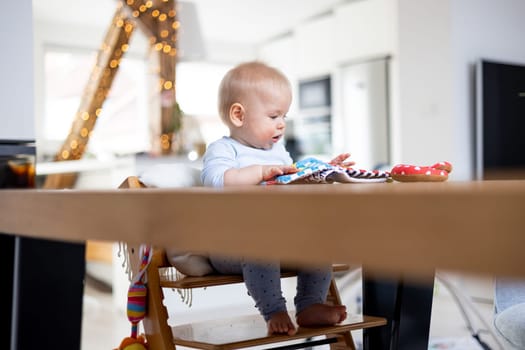 Happy infant sitting at dining table and playing with his toy in traditional scandinavian designer wooden high chair in modern bright atic home. Cute baby playing with toys.