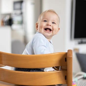 Happy infant sitting in traditional scandinavian designer wooden high chair and laughing out loud in modern bright home. Cute baby smile