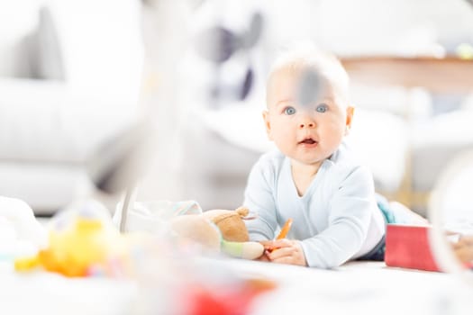 Cute baby boy playing with hanging toys arch on mat at home Baby activity and play center for early infant development. Baby playing at home.