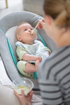 Mother spoon feeding her baby boy child in baby chair with fruit puree. Baby solid food introduction concept