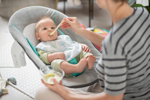 Mother spoon feeding her baby boy child in baby chair with fruit puree. Baby solid food introduction concept